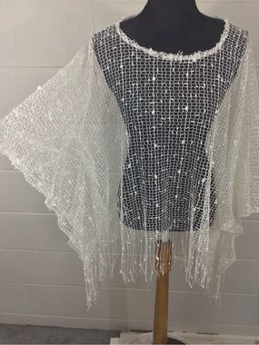 Origami White Sparkly Sequin Open-Knit Crochet Fringe Poncho Shrug One Size